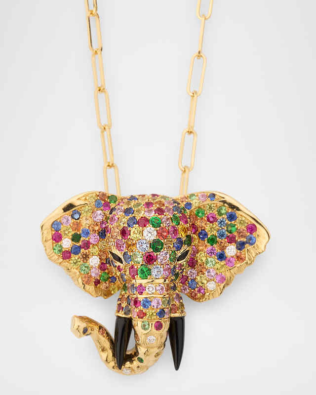 Ark 18K Yellow Gold Diamond, Multi Sapphire and Onyx Elephant Brooch Pendant and Chain
